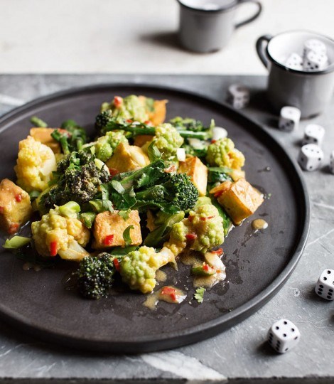 Warm salad of fried tofu, broccoli, Romanesco and miso
