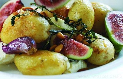 Warm salad of Jersey Royals with goat's cheese pine nuts and fresh figs