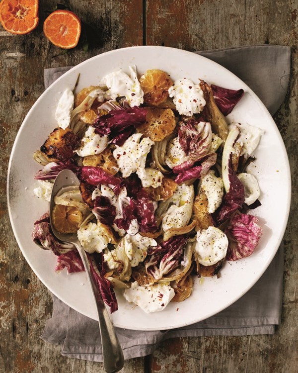 Warm salad of roast fennel and clementines with burrata, winter leaves and chilli