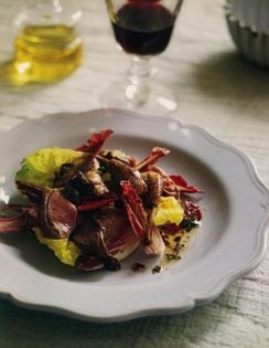 Warm salad of roast squab, grilled wild mushrooms & bitter leaves