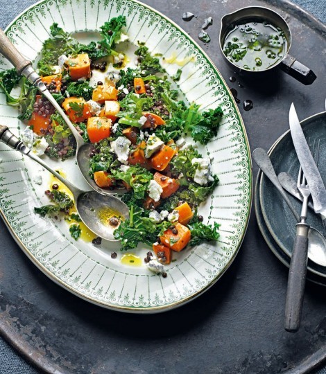 Warm salad of roast squash, kale and goat's cheese with lentils