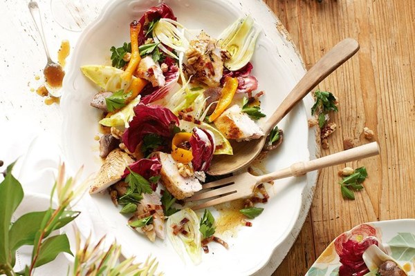 Warm salad of roasted pheasant, walnuts, citrus and bitter leaves
