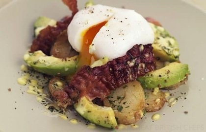 Warm salad of royal kidney potatoes with crisp pancetta, soft poached duck egg and avocado