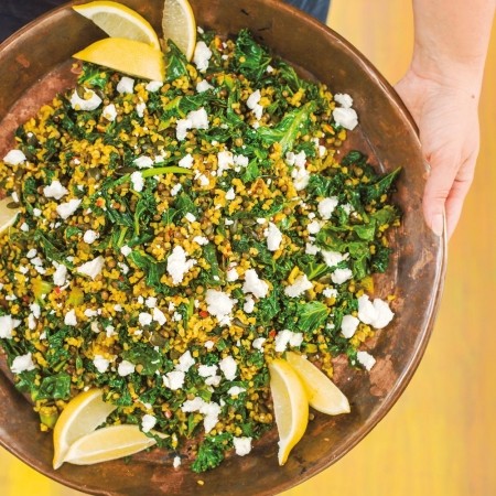 Warm salad of spiced kale, bulgur wheat & Puy lentils