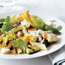 Warm salad of summer squash with swordfish and feta
