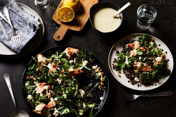 Warm salmon and lentil salad with herbes de Provence