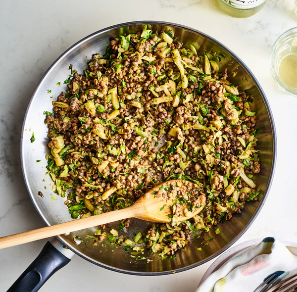 Warm sesame Brussels sprouts and lentil salad