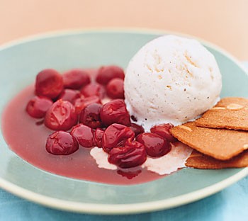 Warm skillet sour cherries with vanilla ice cream
