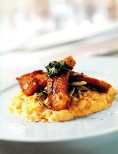 Warm smoked eel salad with chilled parsley sauce and scrambled eggs