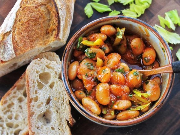 Warm Spanish-style giant bean salad with smoked paprika and celery