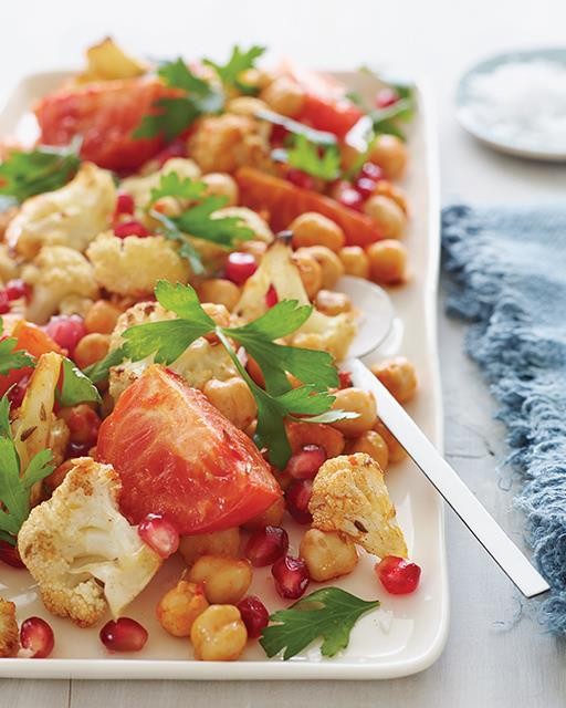 Warm spiced cauliflower & chickpea salad with pomegranate seeds