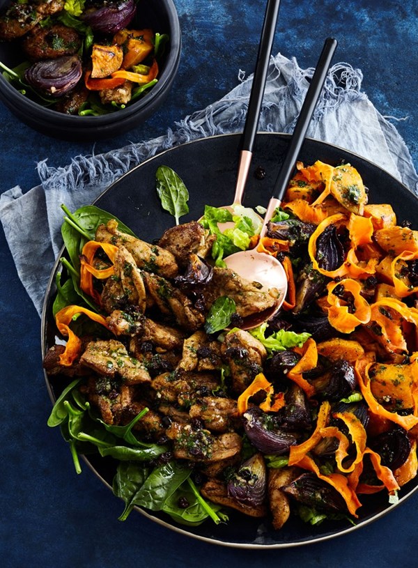 Warm, spiced chicken and kumara salad with roasted carrot ribbons