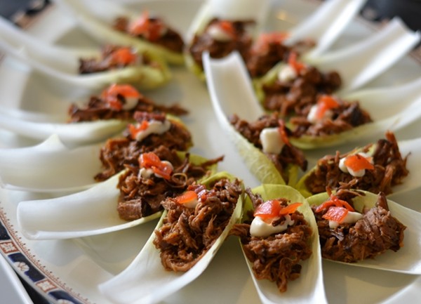 Warm spiced pulled brisket with horseradish and fukujinzuke