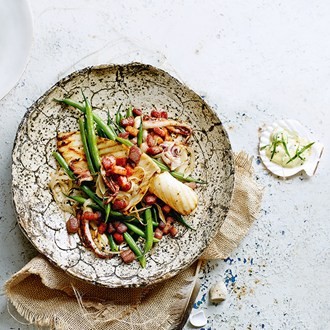 Warm squid, bacon and French bean salad