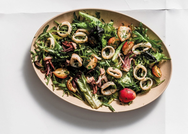 Warm squid salad with roasted radishes and herbs