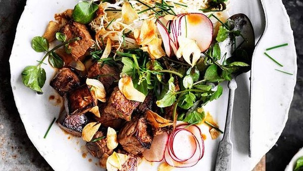 Warm steak salad with spicy soy and ginger sauce