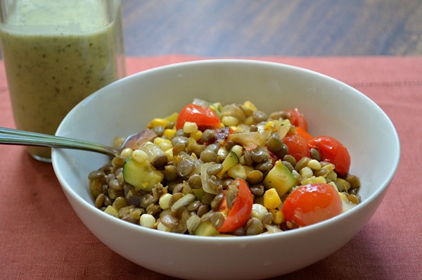 Warm summer vegetable-lentil salad with lemon-oregano dressing