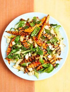 Warm sweet potato, pak choi and feta salad