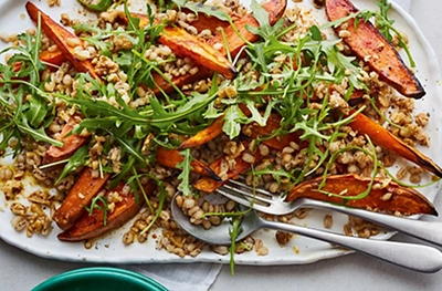 Warm sweet potato, rocket & barley salad