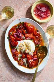 Warm tomato salad with burrata and oregano