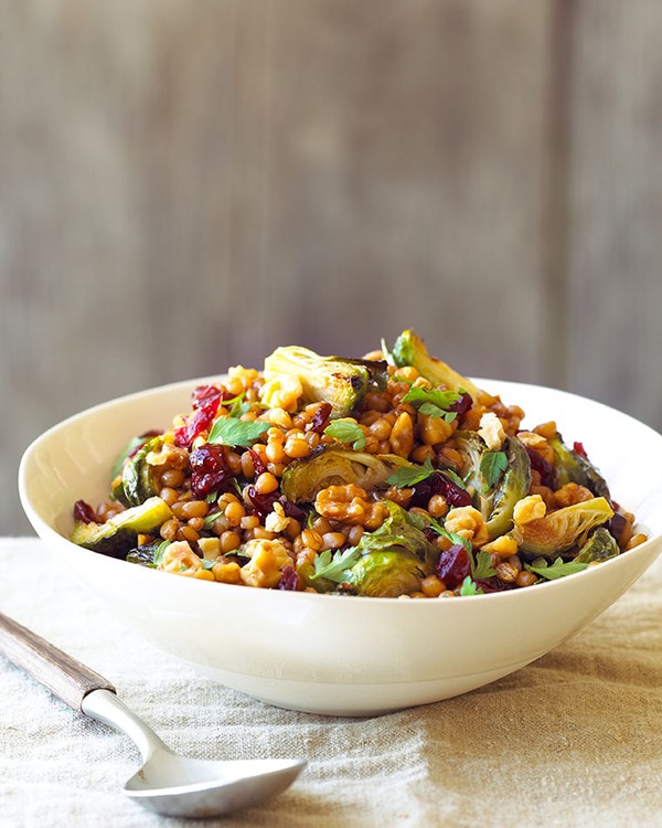 Warm wheat berries with roasted brussels sprouts