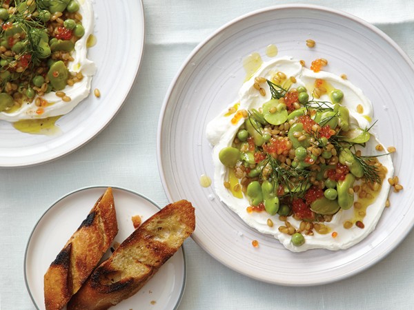 Warm wheat berry salad with fava beans and trout roe