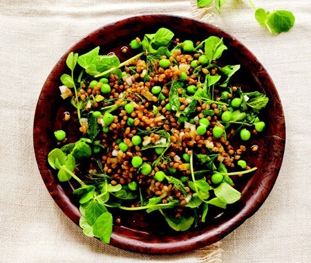 Warm wheat berry salad with peas and preserved lemon vinaigrette