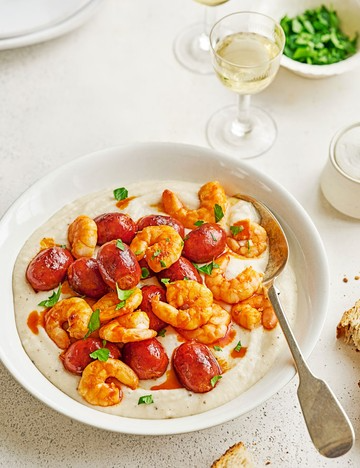 Warm white bean dip with chorizo and prawns