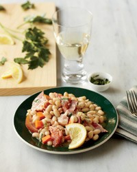 Warm white bean salad with smoked trout