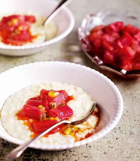 Warm white chocolate rice pudding with rhubarb & passion fruit compote
