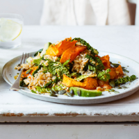 Warm winter salad with roast pepper dressing