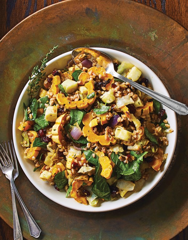 Warm winter vegetable salad with halloumi