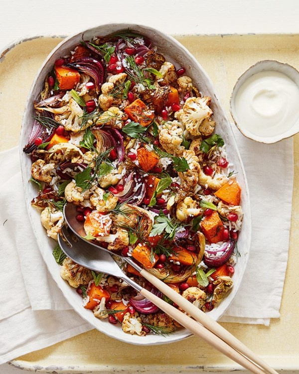 Warm za'atar-spiced cauliflower, red onion and rice salad