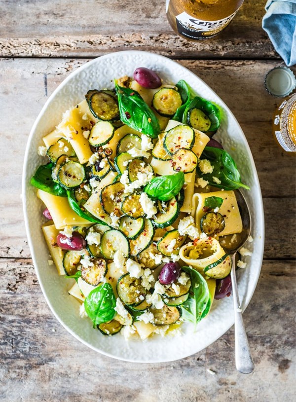 Warm zucchini pasta salad