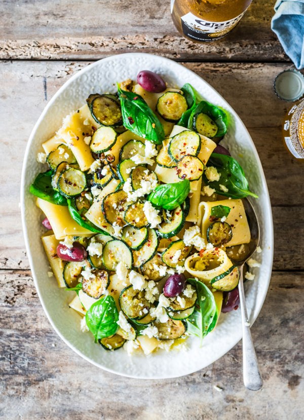 Warm zucchini pasta salad