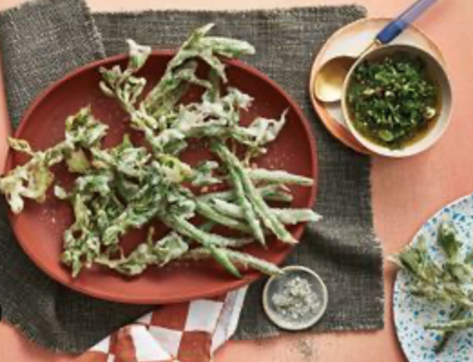 Warrigal greens, saltbush and vegetable tempura with green chilli chimichurri