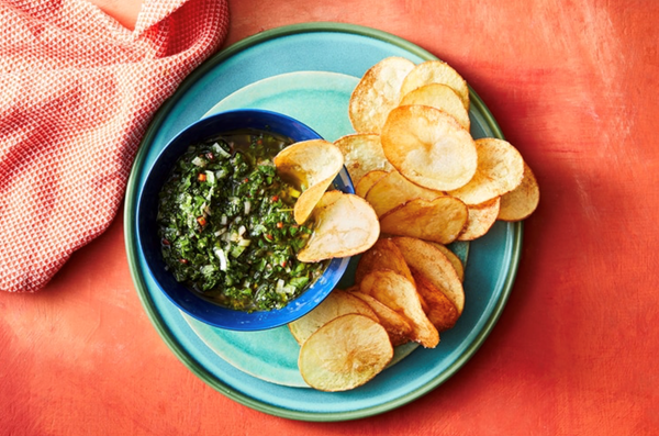 Warrigal greens verde dip with potato chips