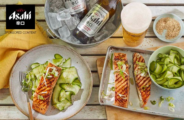 Wasabi and soy salmon with quick-pickled cucumber 