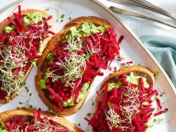 Wasabi-ginger beet and avocado tartines