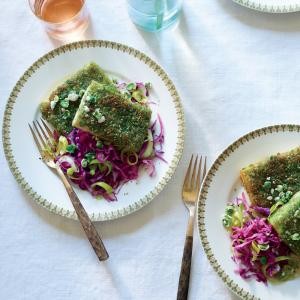 Wasabi pea tofu with red cabbage and leeks