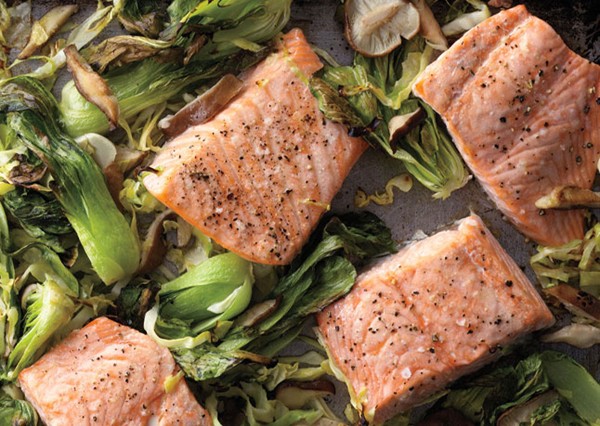 Wasabi salmon with bok choy, green cabbage, and shiitakes