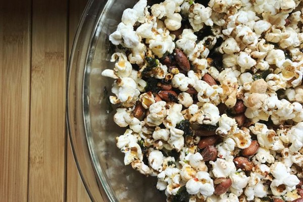 Wasabi soy sauce popcorn snack mix with roasted seaweed 