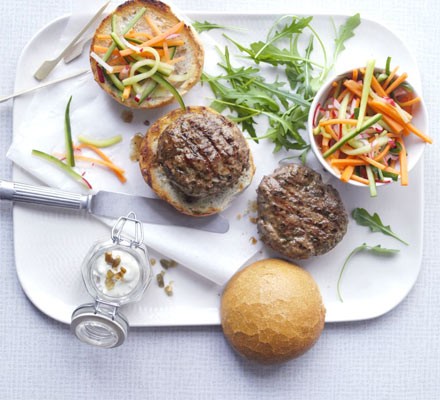 Wasabi-spiked burgers with pickle relish