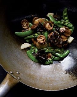 Water chestnuts, sugar snap peas, and shiitakes 