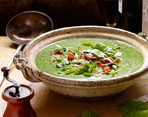 Watercress & mint soup with bacon shards