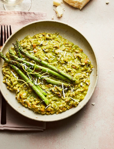 Watercress and asparagus emmer risotto