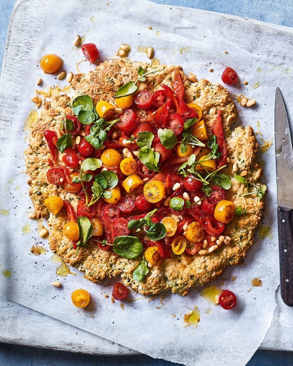 Watercress and tomato scone-based 'pizza'