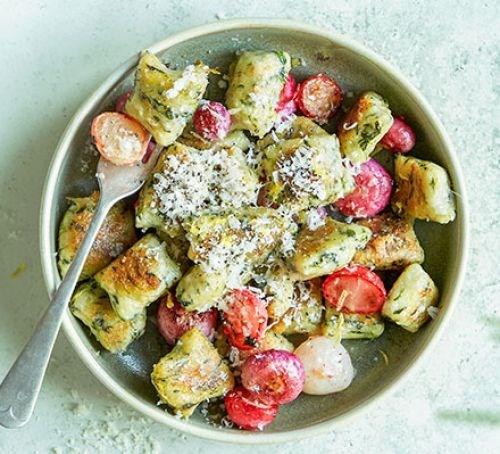 Watercress gnocchi with roasted radishes and lemon