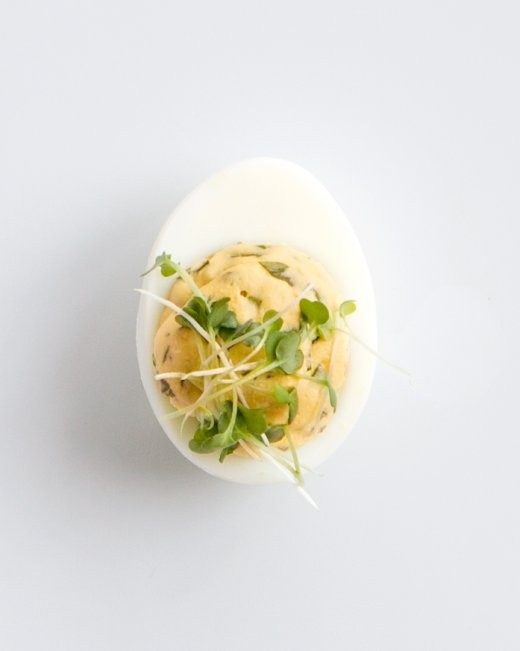 Watercress-horseradish deviled eggs