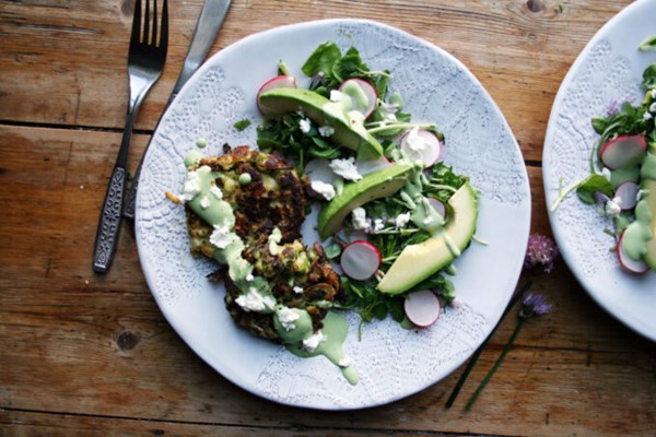 Watercress, pea and feta potato cakes
